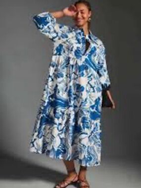 Anthropologie Maeve Women XXS Bettina Tiered Shirt Dress Blue Floral 3/4 Sleeves